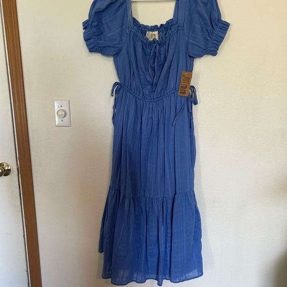 NWT Just Found Blue Puff Sleeve Milkmaid/cottage core  Midi Dress Medium - Picture 1 of 10